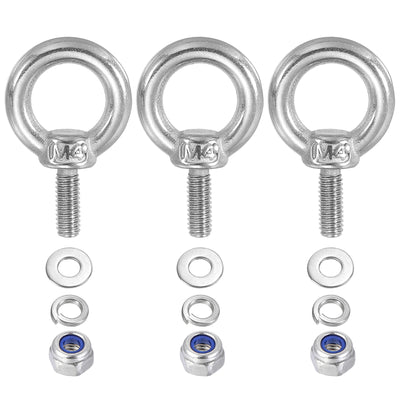 Harfington 3Pcs M4 x 10mm 304 Stainless Steel Lifting Shoulder Eye Bolt with Nuts Washers