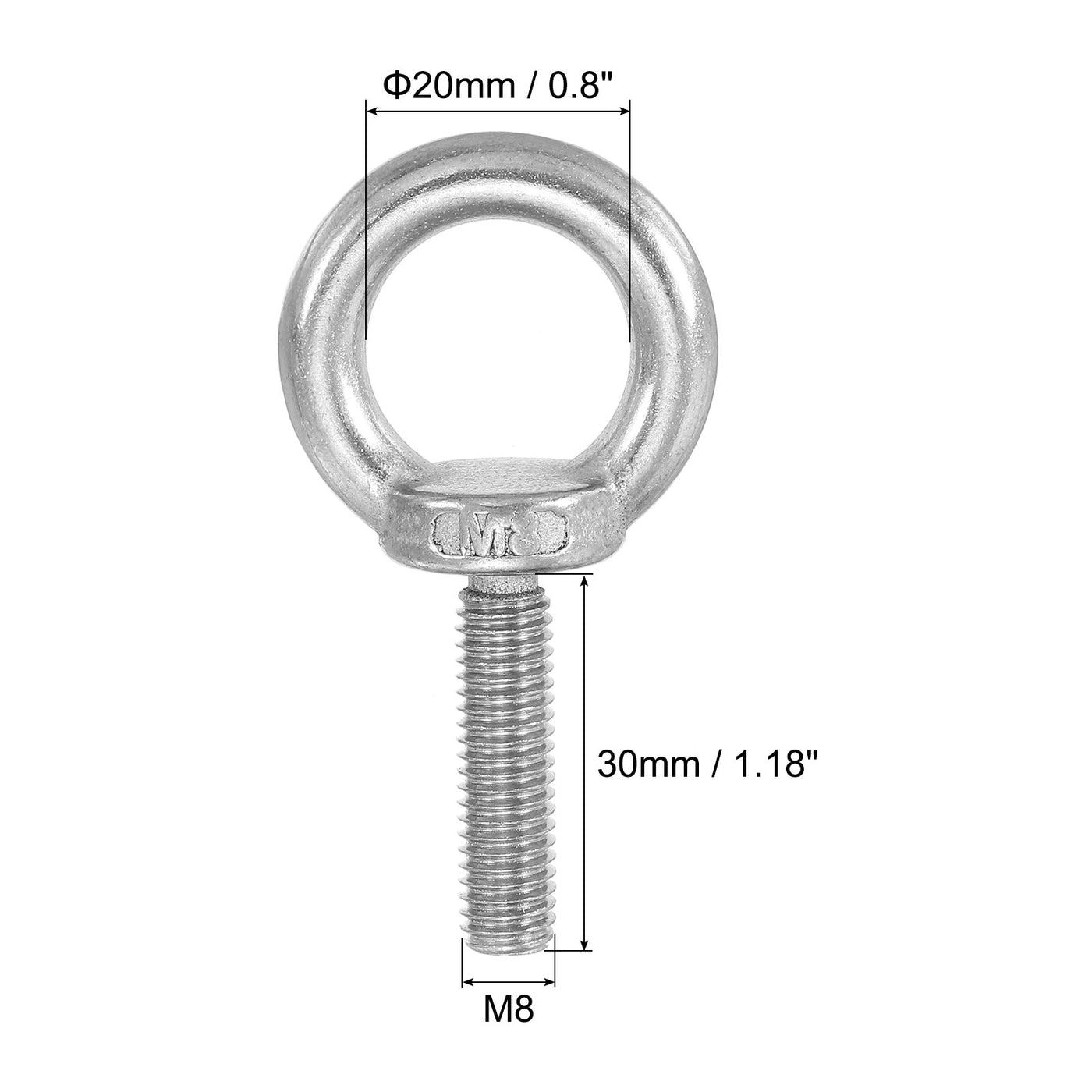 Harfington 3Pcs M8 x 30mm 304 Stainless Steel Lifting Shoulder Eye Bolt with Nuts Washers