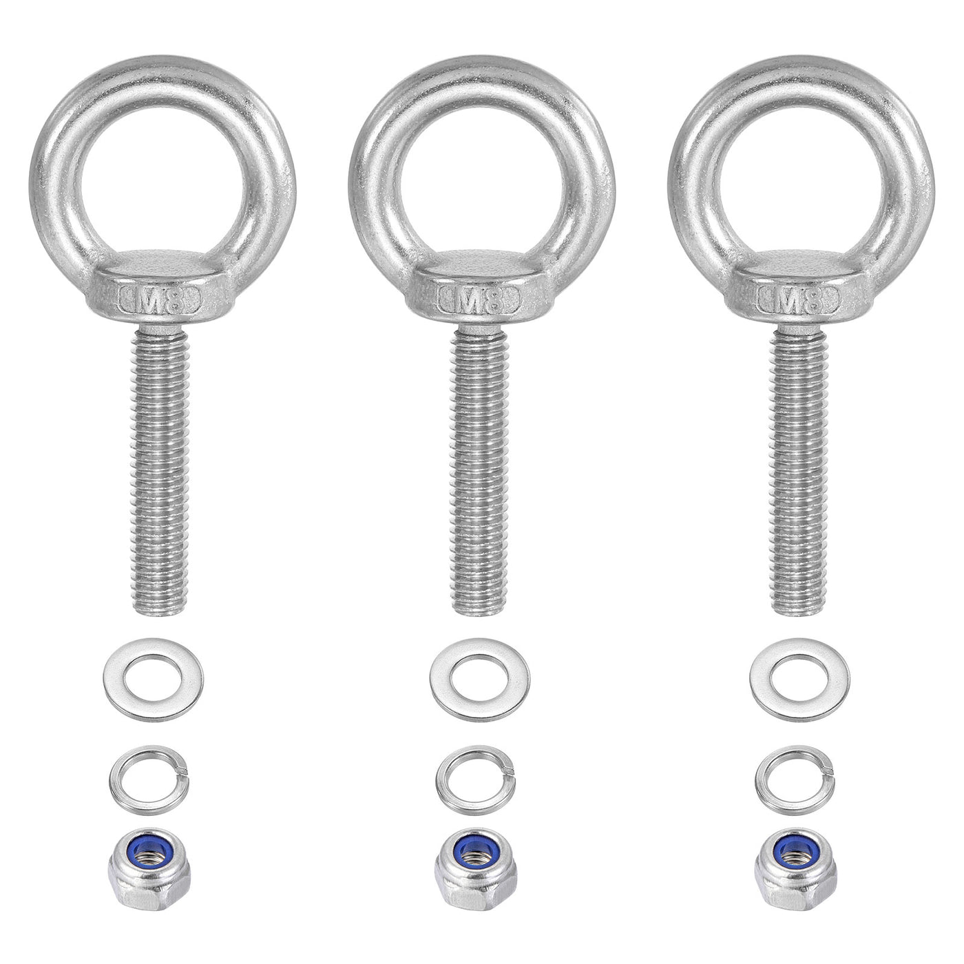 Harfington 3Pcs M8 x 50mm 304 Stainless Steel Lifting Shoulder Eye Bolt with Nuts Washers