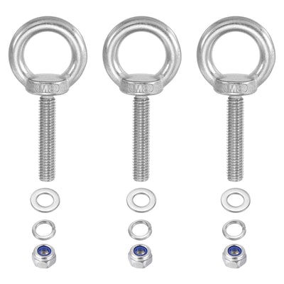 Harfington 3Pcs M8 x 50mm 304 Stainless Steel Lifting Shoulder Eye Bolt with Nuts Washers