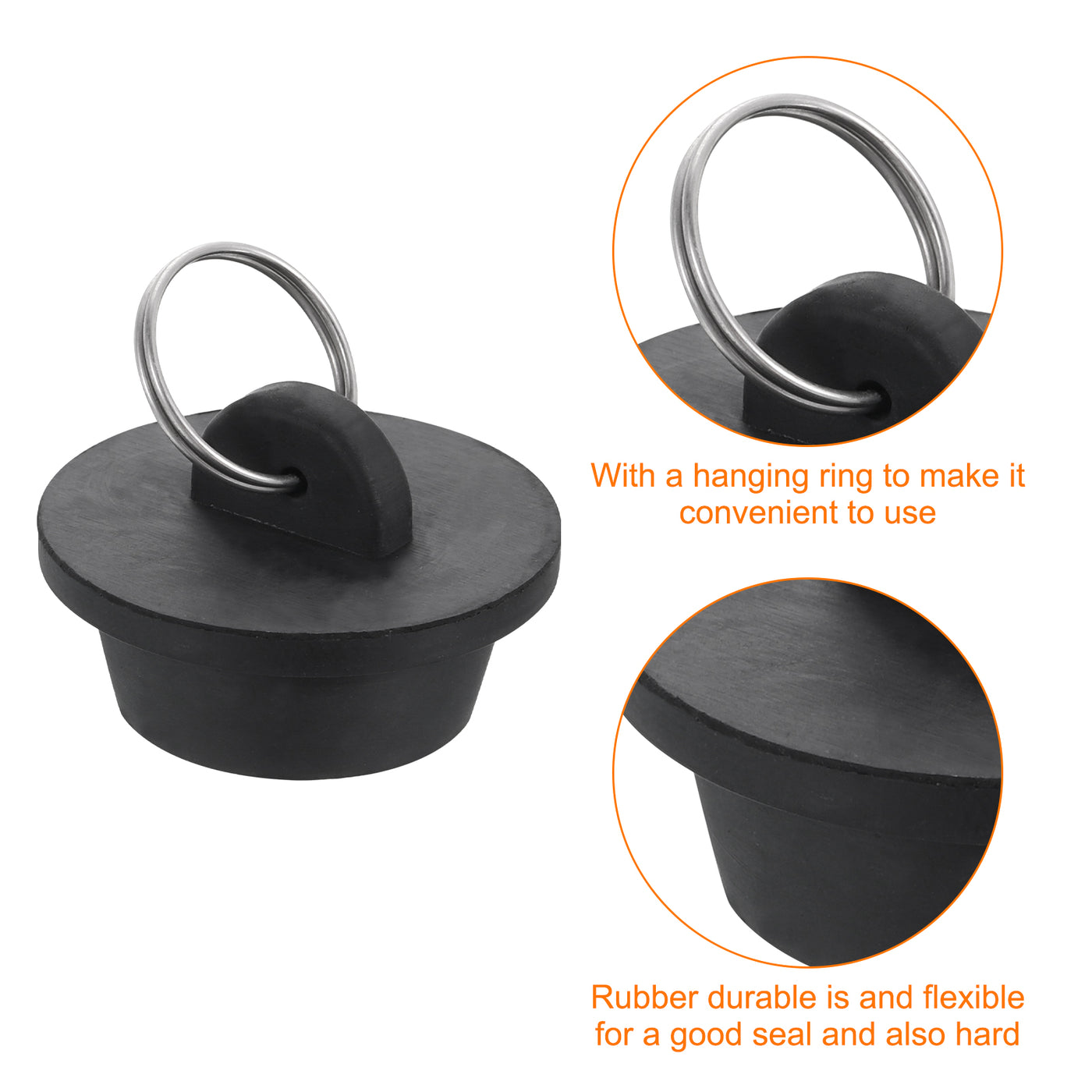 uxcell Uxcell 2pcs Rubber Drain Stopper with Hanging Ring Fits 1-1/8 to 1-1/4 Inch, Black