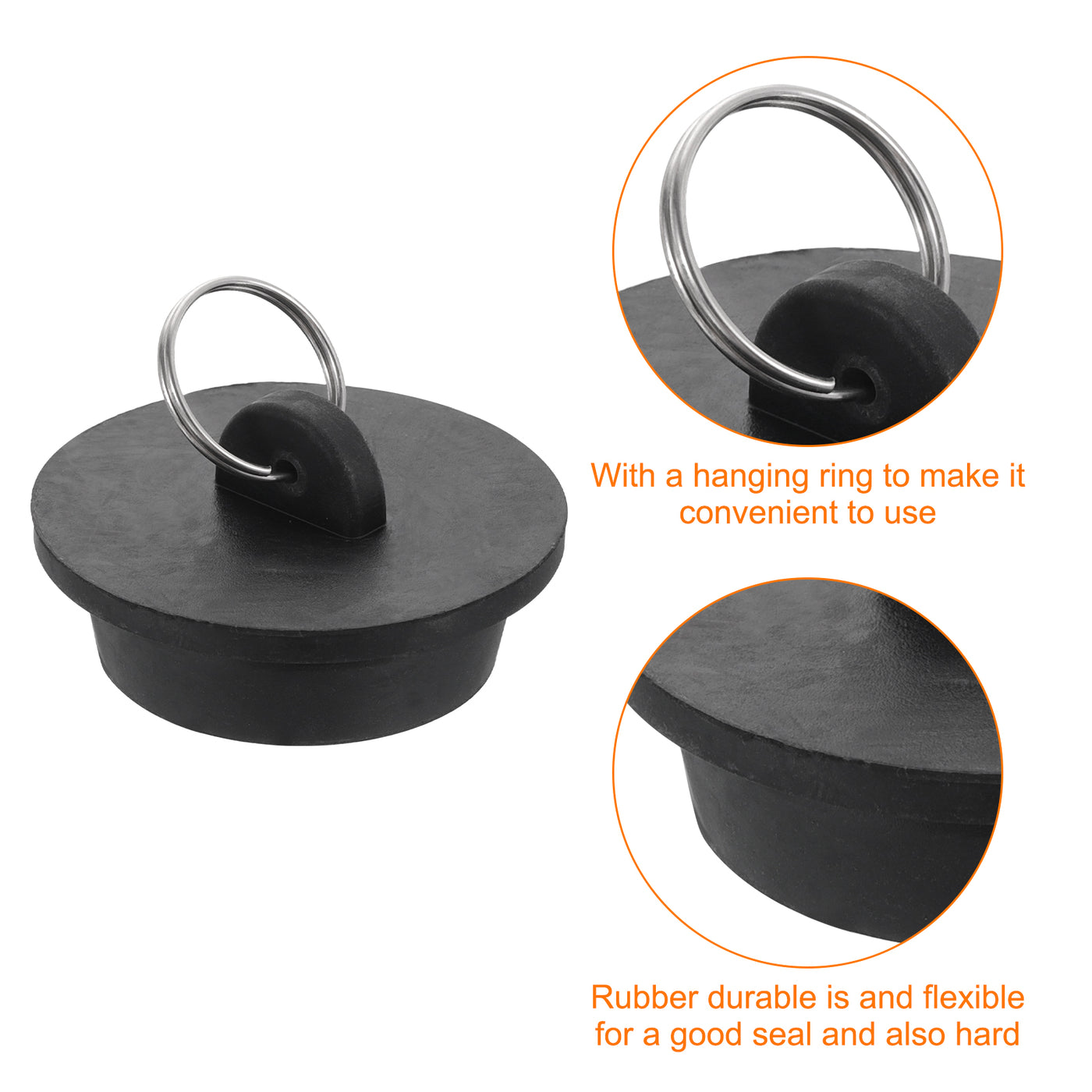 uxcell Uxcell 2pcs Rubber Drain Stopper with Hanging Ring Fits 1-1/2 Inch to 1-5/8 Inch, Black