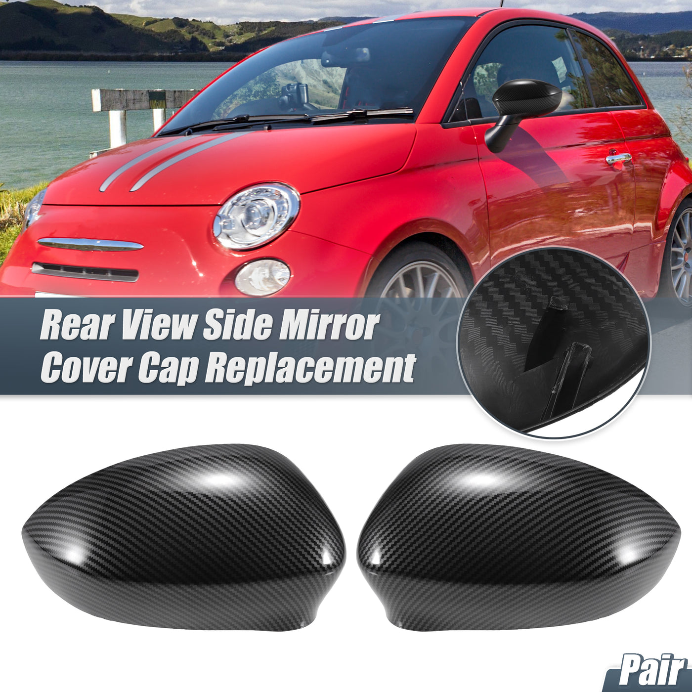 X AUTOHAUX Pair Car Rear View Driver Passenger Side Mirror Cover Cap Replacement Black Carbon Fiber for Fiat 500 2007-2023 Mirror Guard Covers Exterior Trims