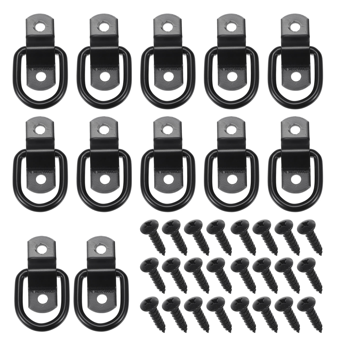 TUCKBOLD Automotive D-Ring Tie Down Strap Rings 1/4" Multi-Purpose | Anchors Hooks Black with Screws 12 Pcs