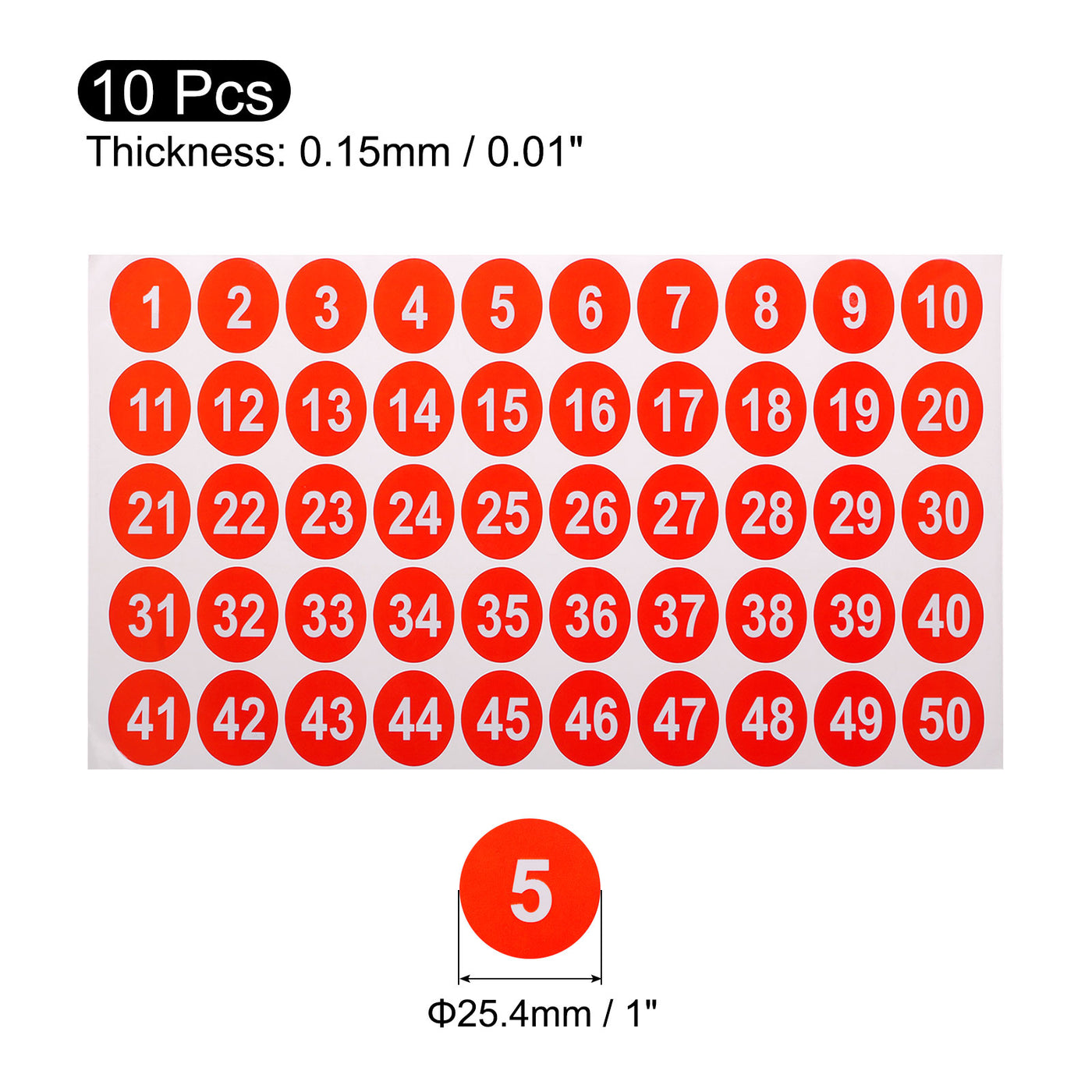 uxcell Uxcell 10 Sheets Round Number Stickers, 1-50 Consecutive Number Labels, Red(1" Each)