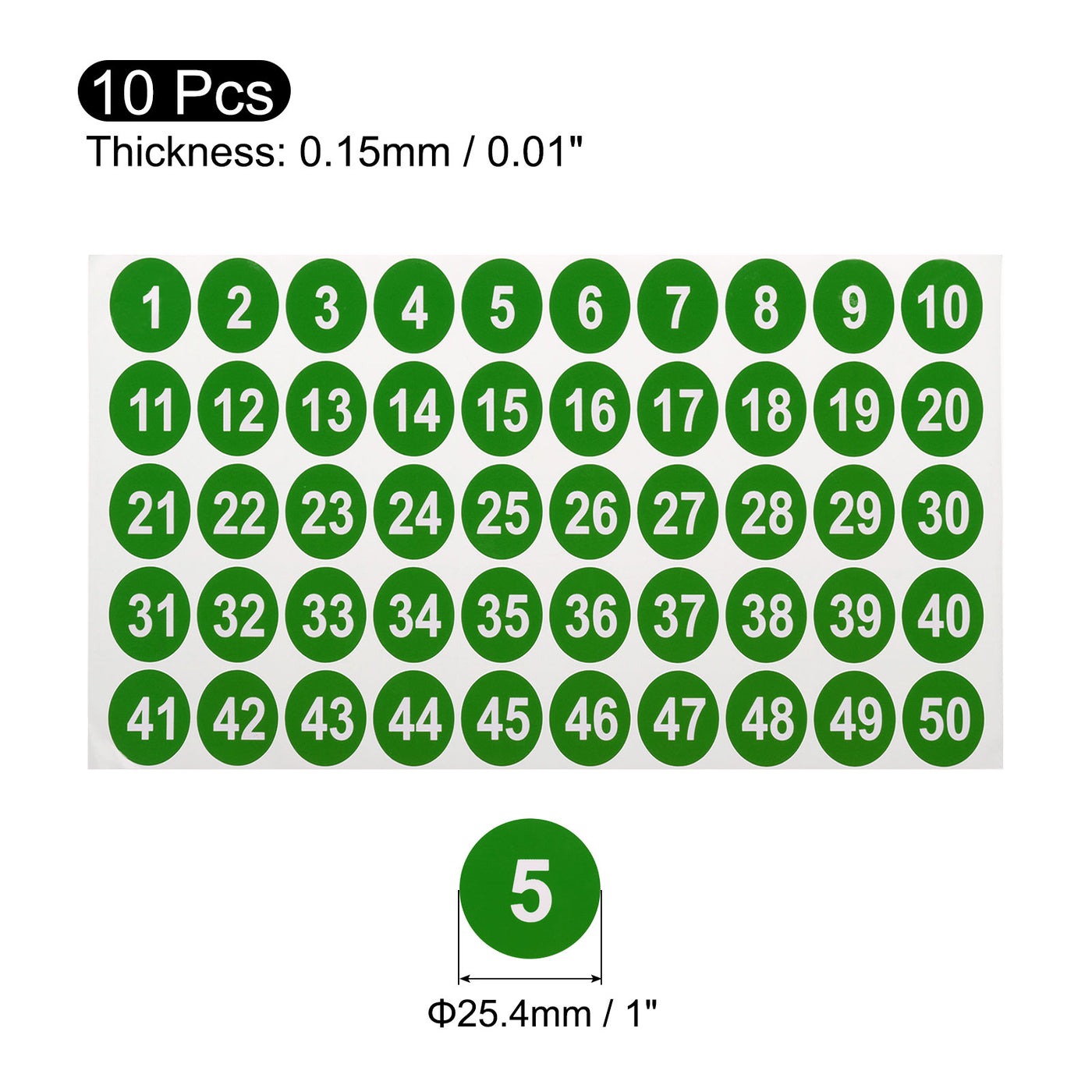 uxcell Uxcell 10 Blätter Runde Nummer Aufkleber 1-50 PVC Fortlaufende Nummer Etiketten Selbstklebende Nummer Aufkleber für Büro Klassenzimmer Box Lagerung Grün(1" Jede)