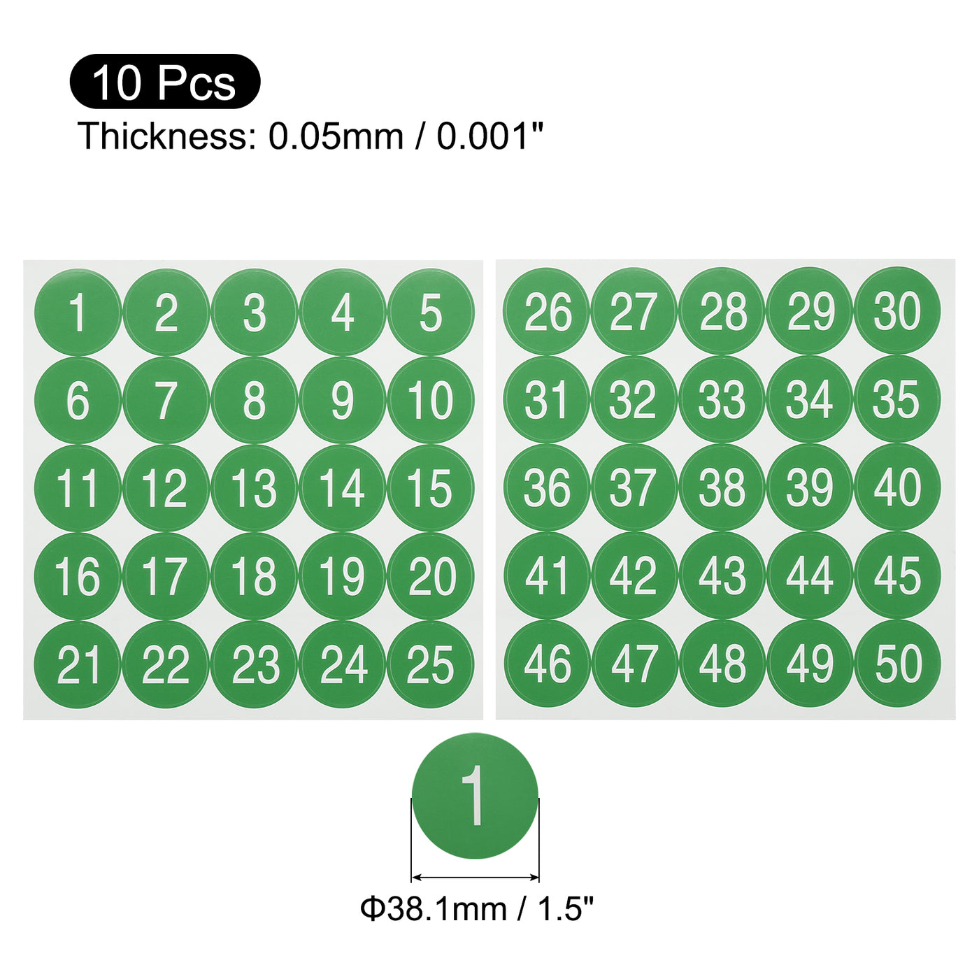 uxcell Uxcell 10 Sheets Round Number Stickers, 1-50 Consecutive Number Label, Green(1.5" Each)