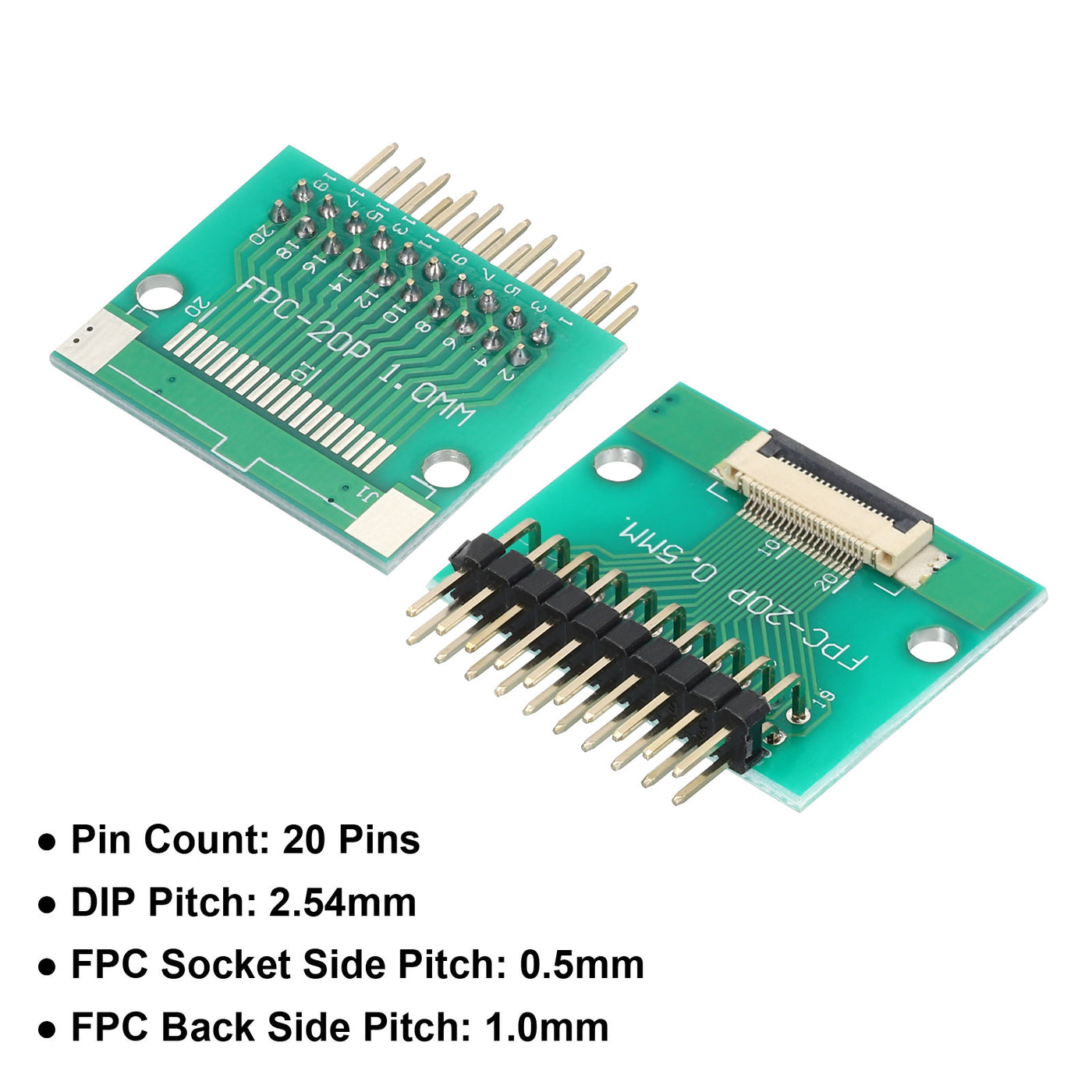 Harfington 2 Stück FFC FPC Connector Board 20 Pin 0,5 mm Buchse auf 2,54 mm Doppelreihiger rechtwinkliger Stiftleistenadapter, PCB-Konverterplatine für DVD TV/Digitalkameras/Laptops