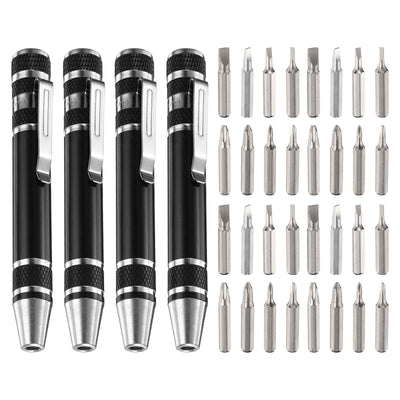 Harfington 4pcs 8 in 1 Magnetic Pocket Pen Screwdriver with Phillips Flat Head Bits, Black