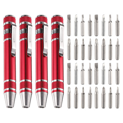 Harfington 4pcs 8 in 1 Magnetic Pocket Pen Screwdriver with Phillips Flat Head Bits, Red