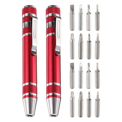 Harfington 2pcs 8 in 1 Magnetic Pocket Pen Screwdriver with Phillips Flat Head Bits, Red