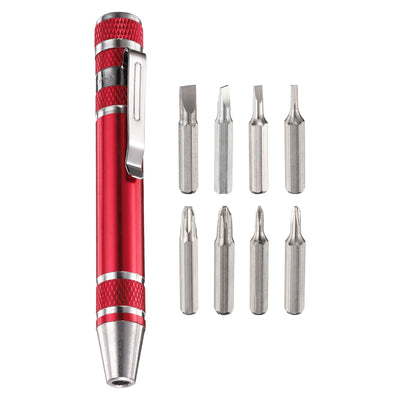 Harfington 8 in 1 Magnetic Pocket Pen Screwdriver with Phillips Flat Head Bits, Red