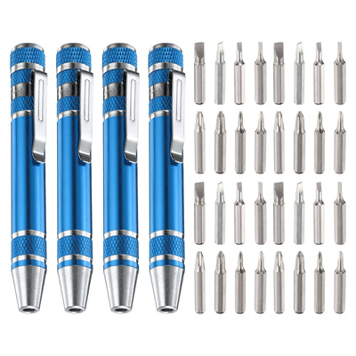 Harfington 4pcs 8 in 1 Magnetic Pocket Pen Screwdriver with Phillips Flat Head Bits, Blue