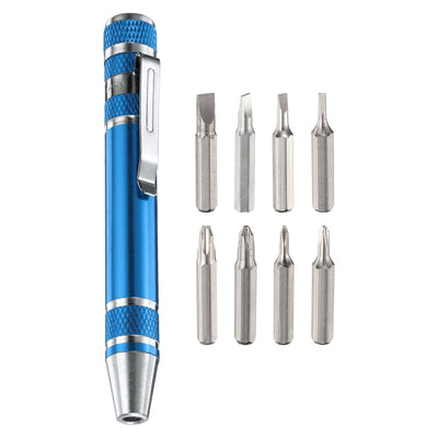 Harfington 8 in 1 Magnetic Pocket Pen Screwdriver with Phillips Flat Head Bits, Blue