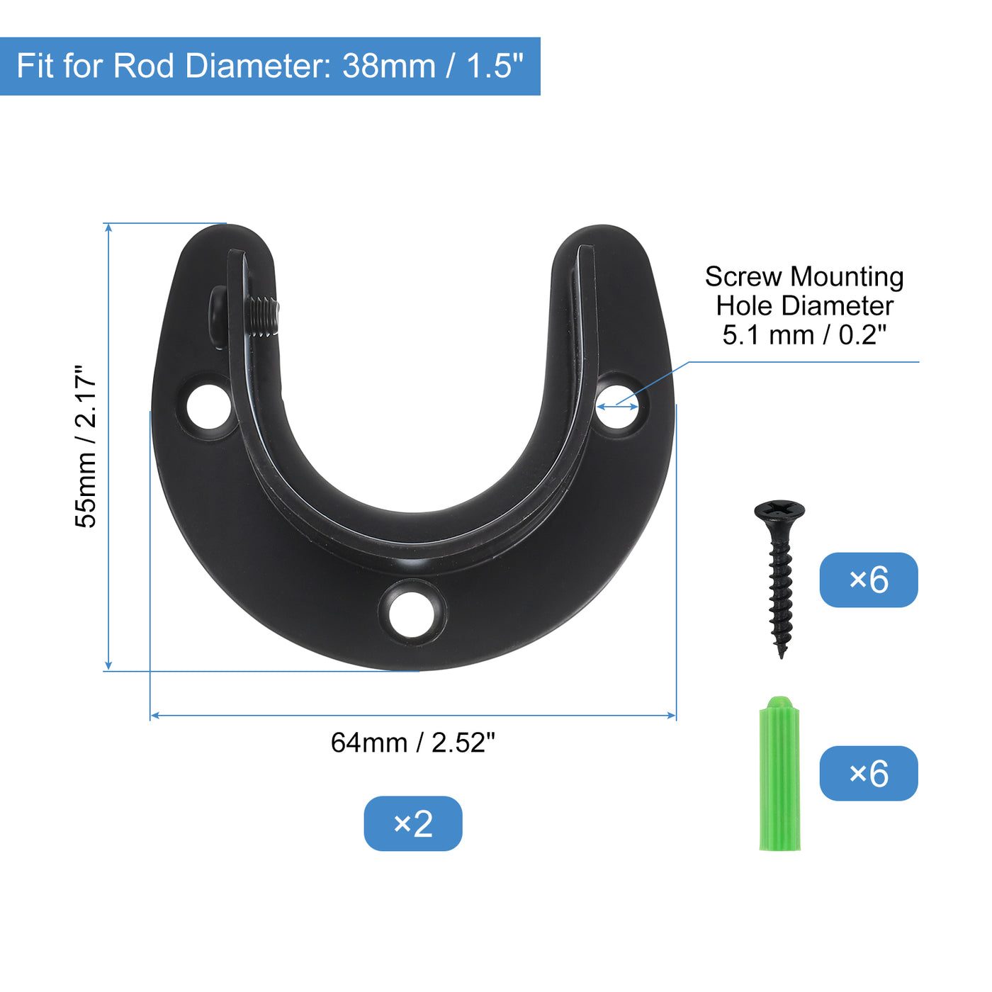 uxcell Uxcell Stainless Steel Closet Rod Bracket, 1-1/2 Inch Dia Wardrobe Bracket U-Shaped Closet Pole Socket with Screws for Shower Curtain Rod, Black 2 Pack