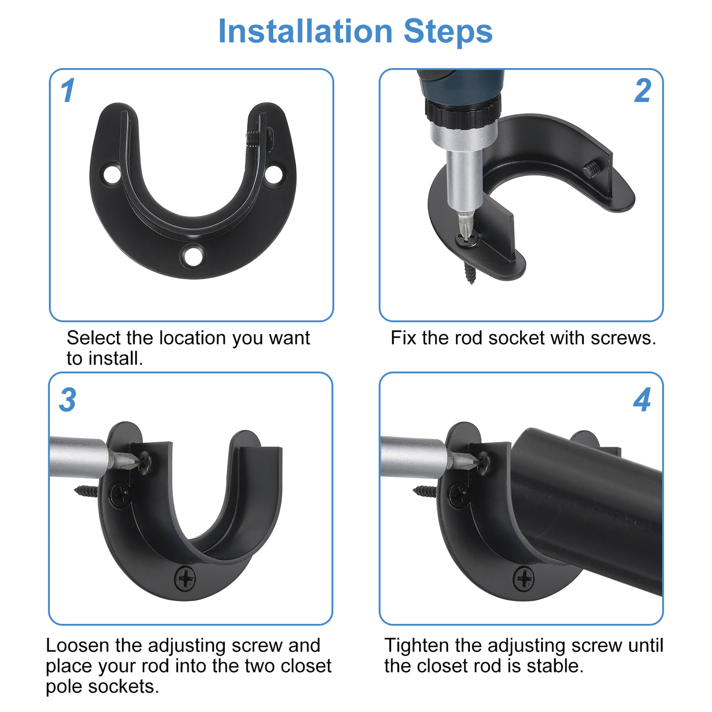 uxcell Uxcell Stainless Steel Closet Rod Bracket, 1-1/2 Inch Dia Wardrobe Bracket U-Shaped Closet Pole Socket with Screws for Shower Curtain Rod, Black 2 Pack