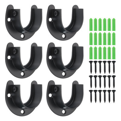 Harfington Uxcell Stainless Steel Closet Rod Bracket, 1-1/2 Inch Dia Wardrobe Bracket U-Shaped Closet Pole Socket with Screws for Shower Curtain Rod, Black 6 Pack