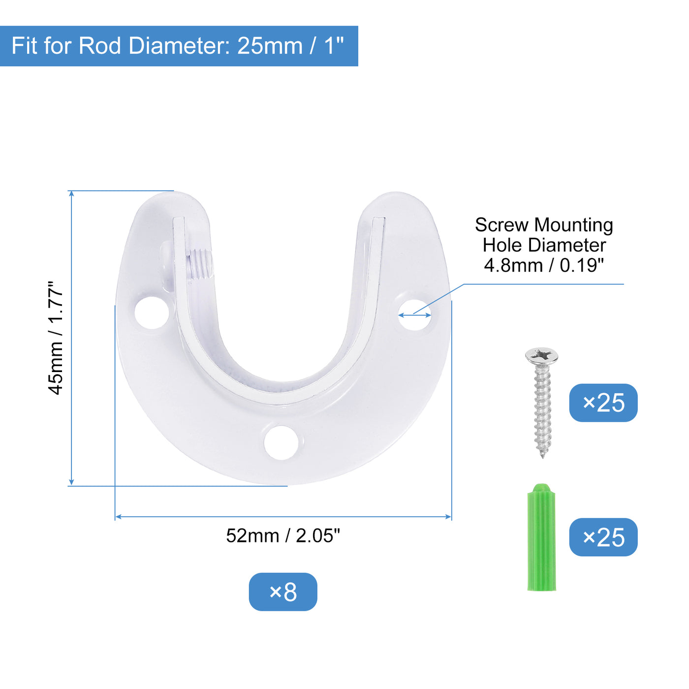 uxcell Uxcell Stainless Steel Closet Rod Bracket, 1 Inch Dia Wardrobe Bracket U-Shaped Closet Pole Socket with Screws for Shower Curtain Rod, White 8 Pack