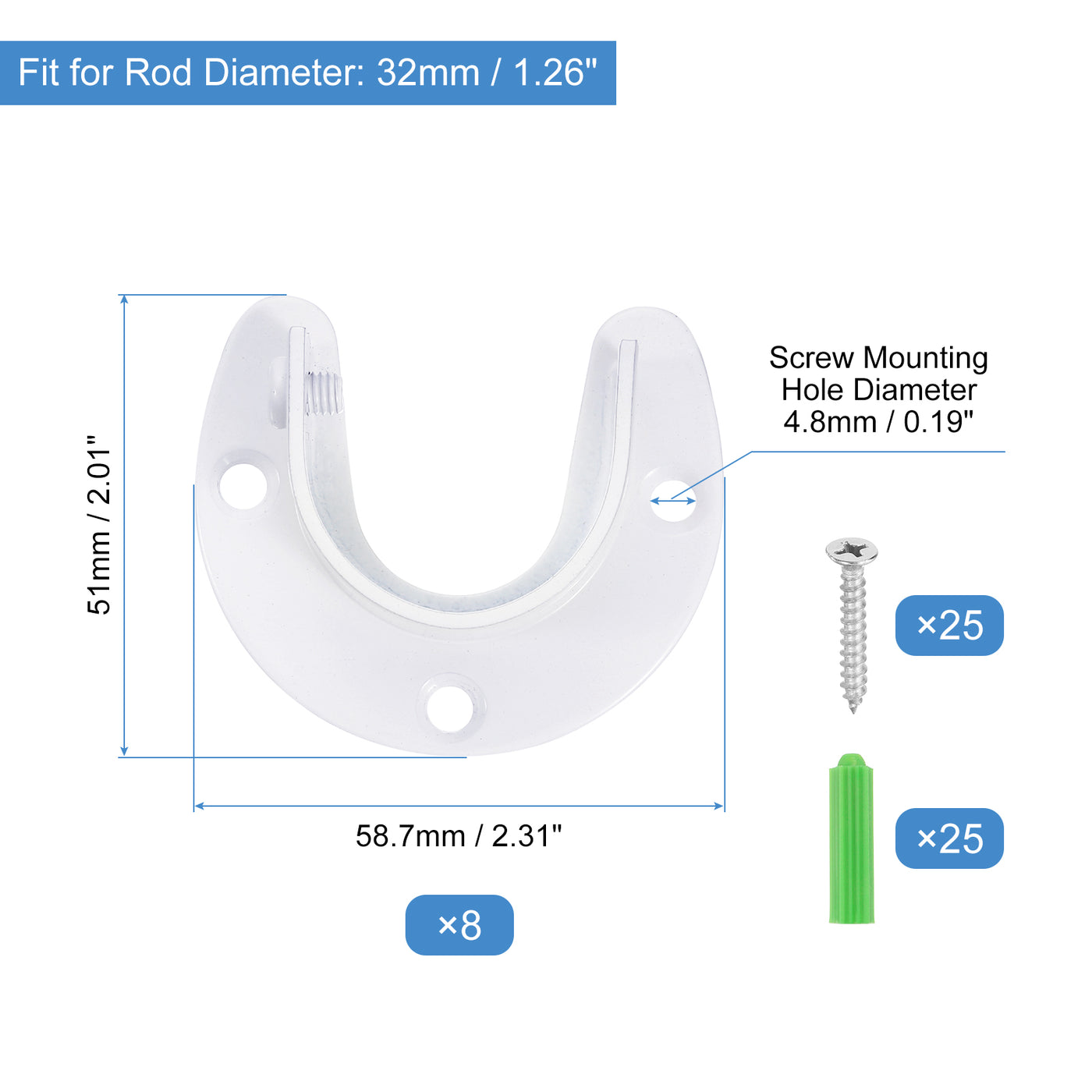 uxcell Uxcell Edelstahl Stahl Schrank Stange Halterung 1.26" Durchmesser Kleiderschrank Halterung U-förmig Schrank Stange Steckdose mit Schrauben für Dusche Vorhang Stange Weiß 8 Pack