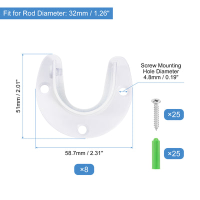 Harfington Uxcell Edelstahl Stahl Schrank Stange Halterung 1.26" Durchmesser Kleiderschrank Halterung U-förmig Schrank Stange Steckdose mit Schrauben für Dusche Vorhang Stange Weiß 8 Pack