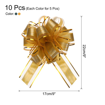 Harfington 10pcs 7 Inch Large Pull Bow Gift Wrapping Bows Ribbon Organza Bows Gold Green for Wedding Baskets Presents Christmas Party
