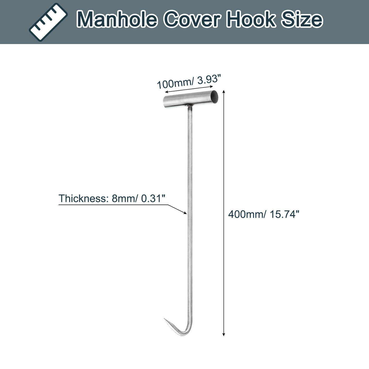 uxcell Uxcell Manhole Cover Hook, 15.7" T Style Stainless Steel Manhole Hook Tool, Pull Down Hook for Moving Lifting Pulling, 1pcs