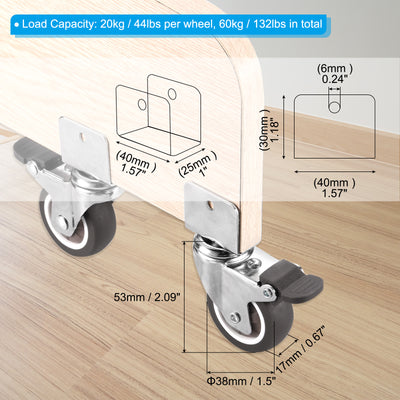 Harfington 1.5" Swivel Caster Wheels with 1" U Bracket, 4 Pack Mute Moving Swivel Wheel Replacement with Brake Total Load 132lbs for Cabinet Furniture Table