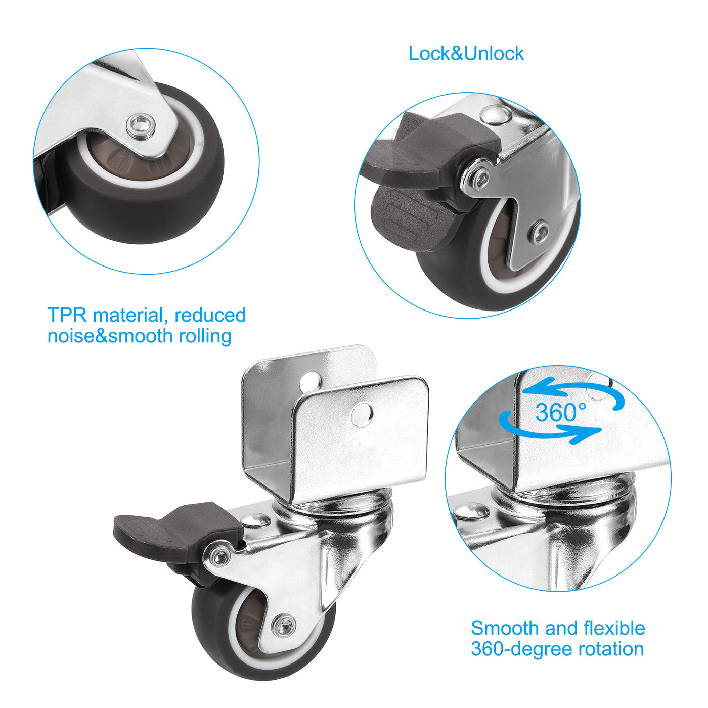 Harfington 1.5" Swivel Caster Wheels with 1" U Bracket, 4 Pack Mute Moving Swivel Wheel Replacement with Brake Total Load 132lbs for Cabinet Furniture Table