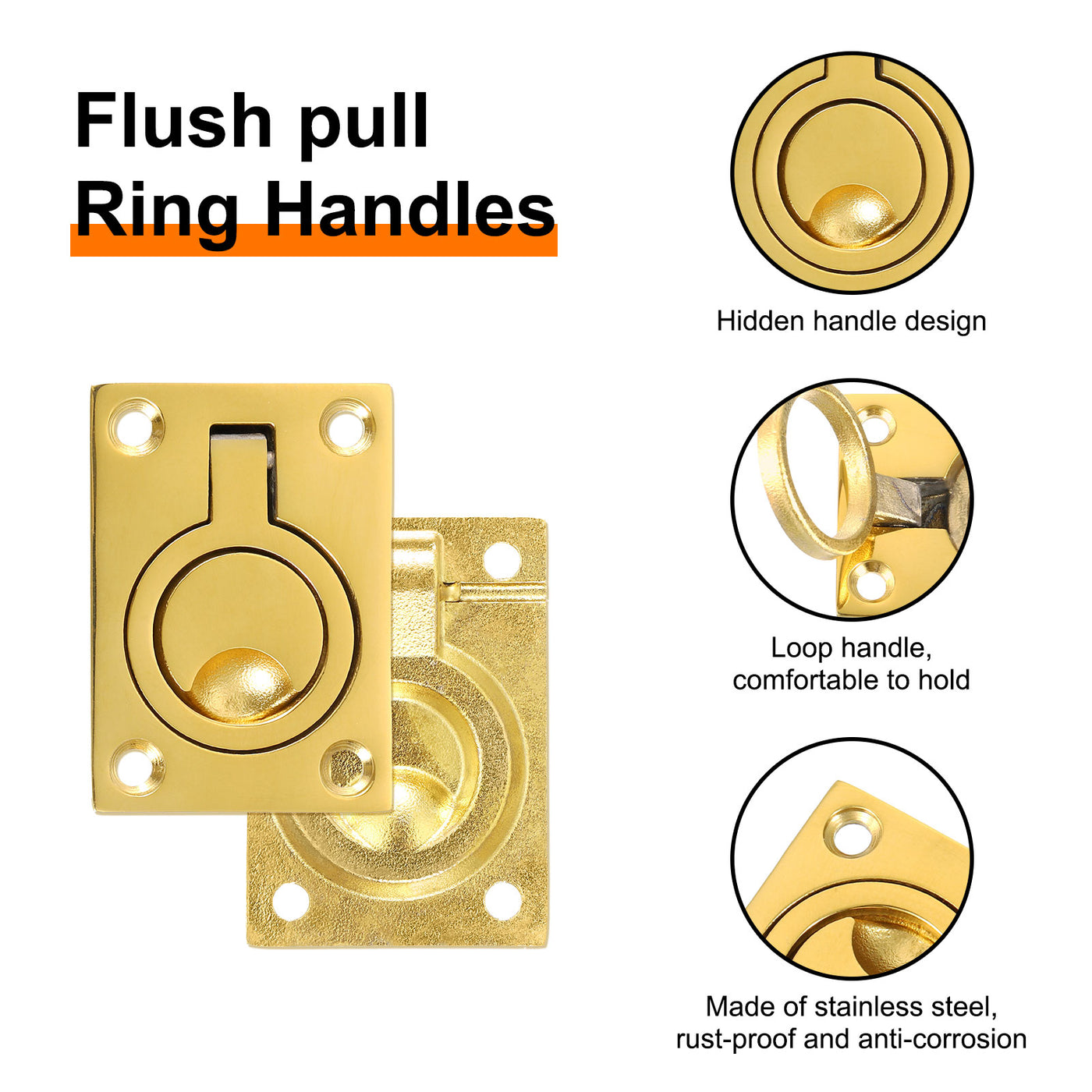 uxcell Uxcell Flush Ring Pull, 2.48"x1.73" Square Recessed Door Pull with Screws, Brass