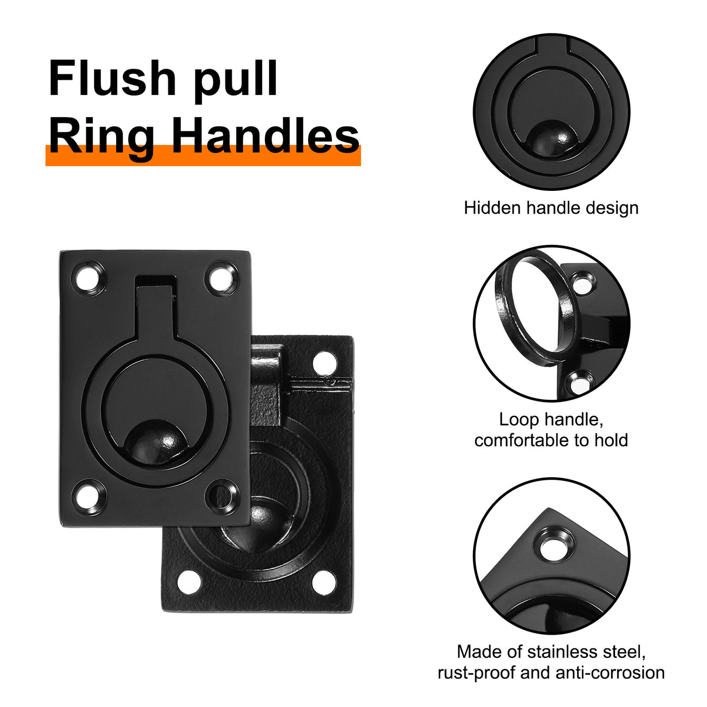 uxcell Uxcell Flush Ring Pull, 2.48"x1.73" Square Recessed Door Pull with Screws, Black