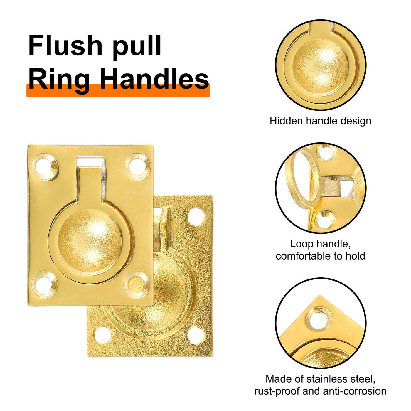 uxcell Uxcell Flush Ring Pull, 1.89"x1.5" Square Recessed Door Pull with Screws, Brass