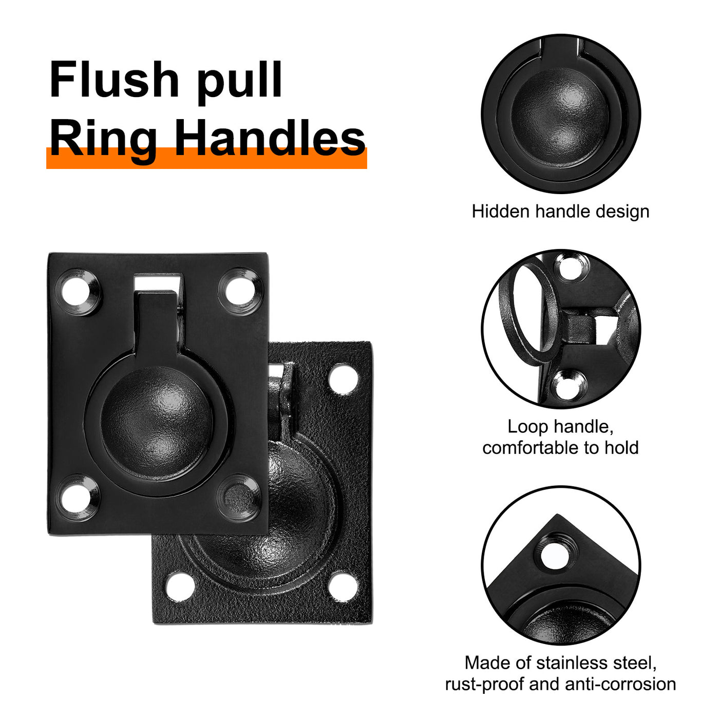 uxcell Uxcell Flush Ring Pull, 1.89"x1.5" Square Recessed Door Pull with Screws, Black