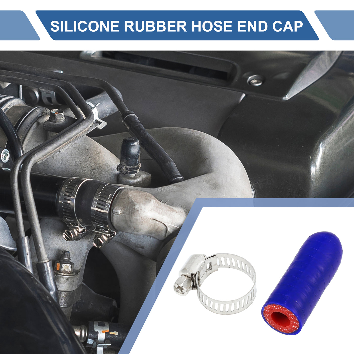 X AUTOHAUX 1 Pcs 30mm Length 8mm/0.31" ID Blue Red Car Silicone Rubber Hose End Cap with Clamps Silicone Reinforced Blanking Cap for Bypass Tube Universal