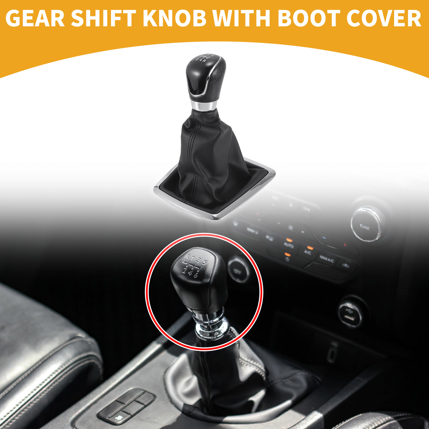 Partuto 5 Speed Manual Gear Shifter Knob with Cover - Car Shift Lever Knob  with Cover - for Ford Focus MK2 C-MAX 2006-2011 Plastic Faux Leather Black - 1 Pc