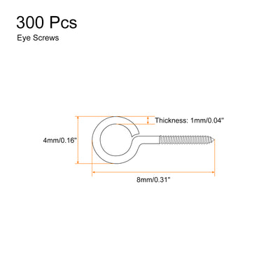 Harfington Uxcell 300Pcs 304 Stainless Steel 8x4mm Small Eye Screws Mini Eye Pins, Silver
