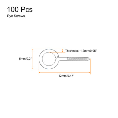 Harfington Uxcell 100Pcs 304 Stainless Steel 12x5mm Small Eye Screws Mini Eye Pins, Silver