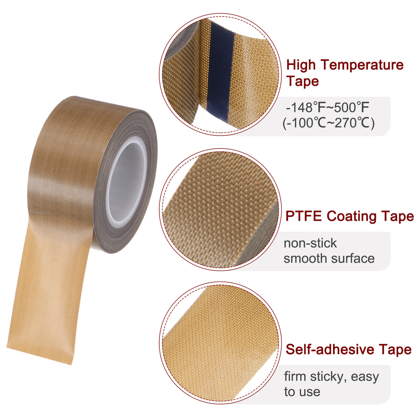 Harfington Fabric PTFE Tape 1.2" x 33ft PTFE Adhesive Tape 0.18mm Thickness Brown