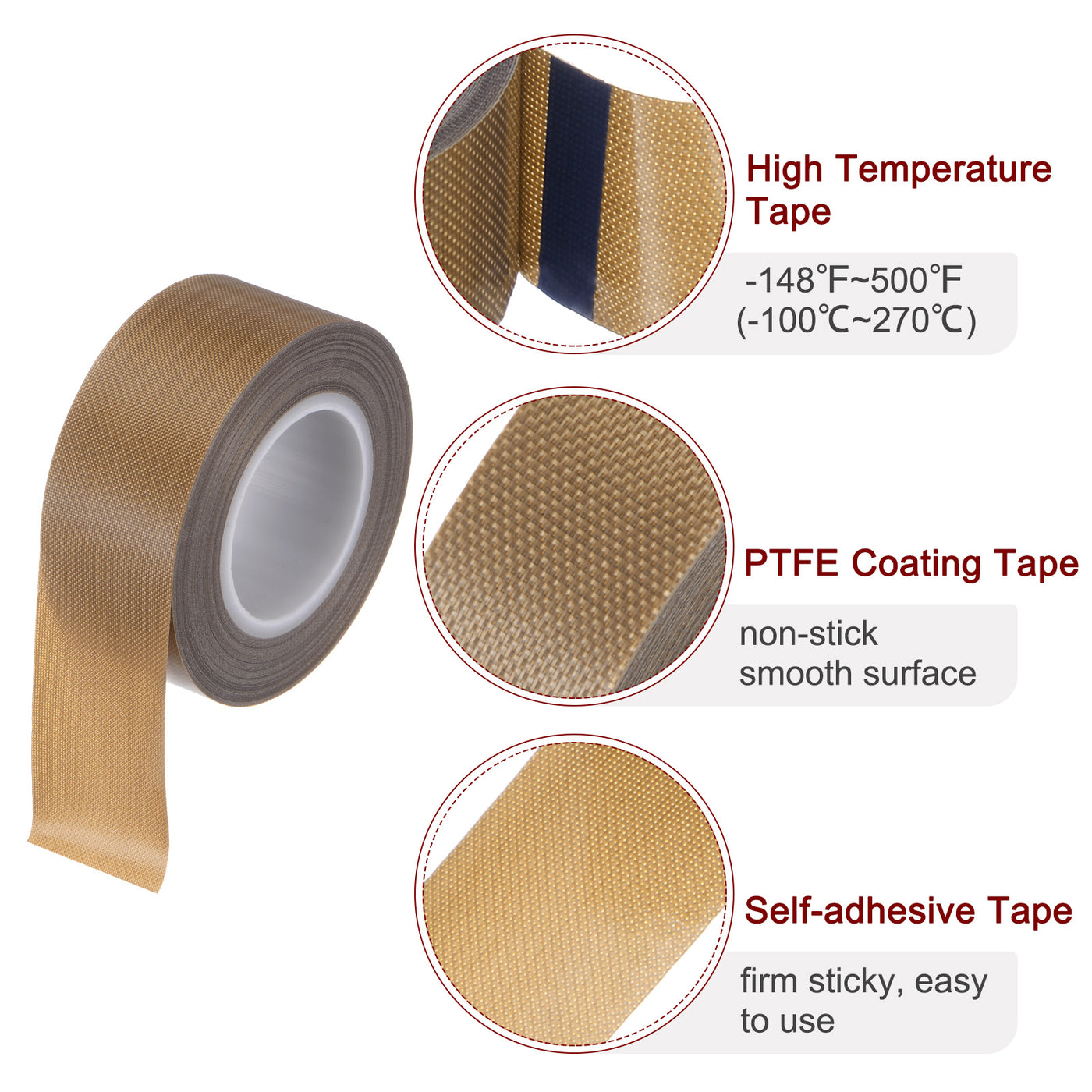 Harfington Fabric PTFE Tape 1" x 33ft PTFE Adhesive Tape 0.18mm Thickness Brown