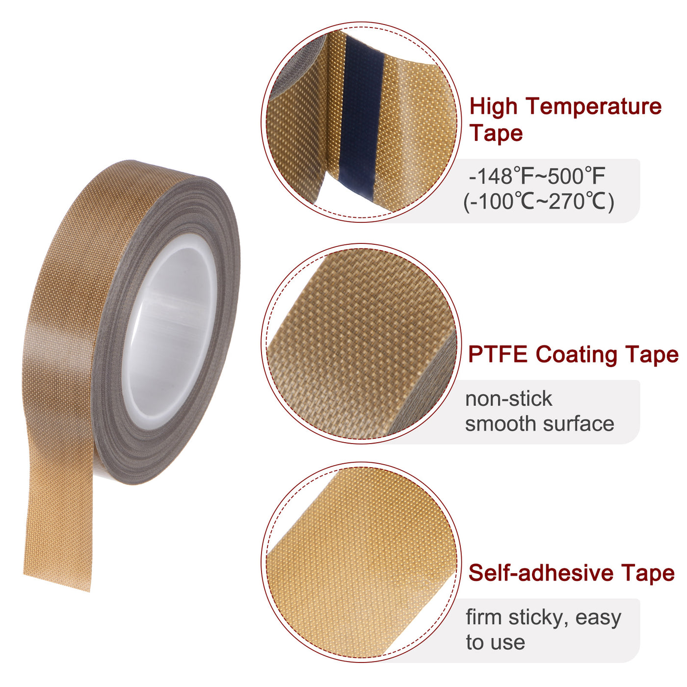 Harfington Fabric PTFE Tape 0.6" x 33ft PTFE Adhesive Tape 0.18mm Thickness Brown