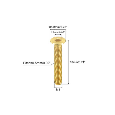 Harfington Uxcell Flat Head Socket Cap Screws, M3-0.5 x 18mm Brass Inner Hex Drive Fasteners Bolts 20Pcs