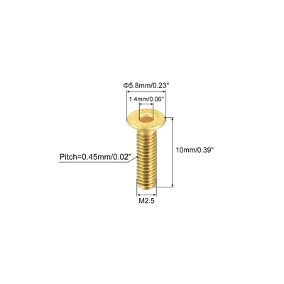 Harfington Uxcell Flat Head Socket Cap Screws, M2.5-0.45 x 10mm Brass Inner Hex Drive Fasteners Bolts 48Pcs