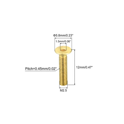 Harfington Uxcell Flat Head Socket Cap Screws, M2.5-0.45 x 12mm Brass Inner Hex Drive Fasteners Bolts 48Pcs