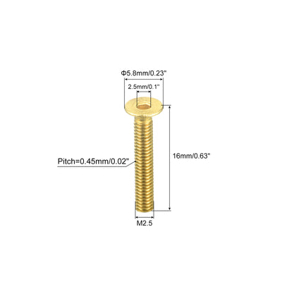 Harfington Uxcell Flat Head Socket Cap Screws, M2.5-0.45 x 16mm Brass Inner Hex Drive Fasteners Bolts 48Pcs