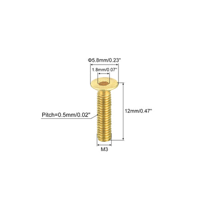 Harfington Uxcell Flat Head Socket Cap Screws, M3-0.5 x 12mm Brass Inner Hex Drive Fasteners Bolts 48Pcs