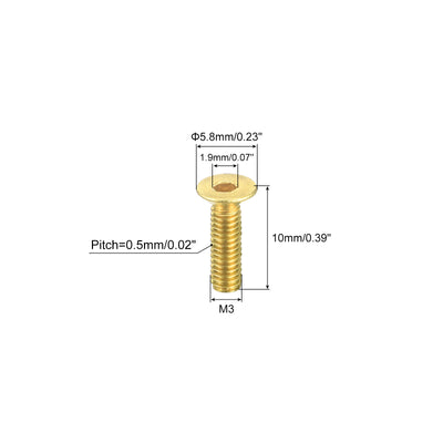 Harfington Uxcell Flat Head Socket Cap Screws, M3-0.5 x 10mm Brass Inner Hex Drive Fasteners Bolts 50Pcs