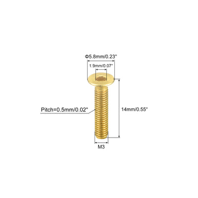 Harfington Uxcell Flat Head Socket Cap Screws, M3-0.5 x 14mm Brass Inner Hex Drive Fasteners Bolts 50Pcs