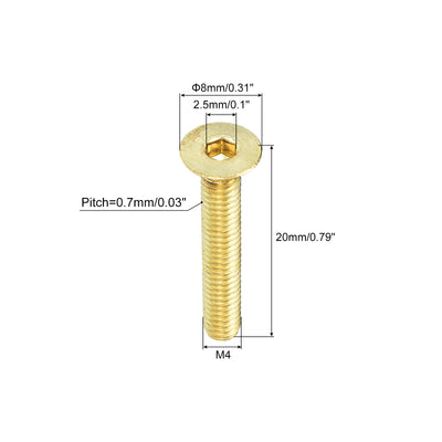 Harfington Uxcell Flat Head Socket Cap Screws, M4-0.7 x 20mm Brass Inner Hex Drive Fasteners Bolts 24Pcs