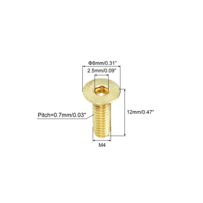 Harfington Uxcell Flat Head Socket Cap Screws, M4-0.7 x 12mm Brass Inner Hex Drive Fasteners Bolts 24Pcs