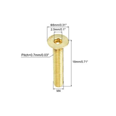 Harfington Uxcell Flat Head Socket Cap Screws, M4-0.7 x 18mm Brass Inner Hex Drive Fasteners Bolts 24Pcs