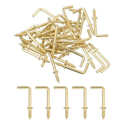 Harfington Uxcell Right Angle Hooks, 50Pcs 7/8" L Shaped Screw Hooks Screw in Hooks, 7 Shape Right Angle Metal Screw Hooks for Hanging, Gold